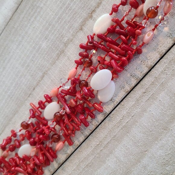 Red Coral Tassel Necklace Shell Glass Beads Hand Knotted - Picture 8 of 8